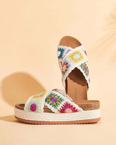 Coutgo Womens Platform Espadrille Sandals Flatform Floral Crochet Cork Open Toe Summer Beach Slide Sandals4