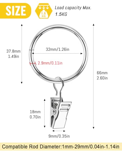 Caianwin 25 Stück Vorhangringe Metall Gardinenringe mit Clips 32mm Innendurchmesser Curtain Rings für Stange Fenster Tür Duschvorhang Wäscheleine(Silber)