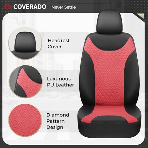 Image of Coverado Front and Back Seat Covers, 5 PCS Leather Seat Covers for Cars, Car Seat Protectors with Splicing Design,Universal Car Seat Cushions Waterproof Seat Covers Fit for Most Cars, Black & Red
