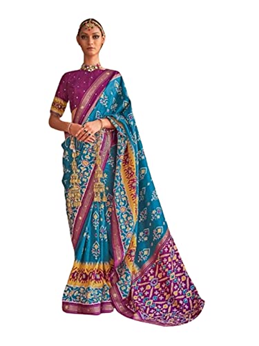 Sari patola en soie bleu avec miroirs idéal pour un mariage indien traditionnel