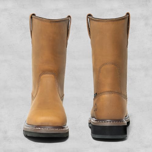 NORTIV 8 Steel Toe Work Boots for Men – Waterproof Pull on Wellington Cowboy Boots for Men with Full-grain Leather for Construction, Farming Bronco Stormrider,Size 11.5,Camel