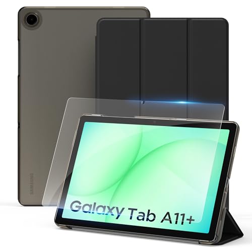 CACOE Case for Samsung Galaxy Tab A11+/ A9+ Plus 11 Inch 2025 with Screen Protector, Ultra Slim Stand Protective Smart Cover Hard PC Translucent Back Shell, Auto Wake/Sleep, Black