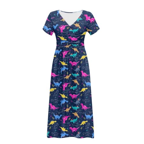 Image of Women's Fall Summer Short Sleeve Ankle Length V-Neck Party Dress with Pockets Size S-3XL