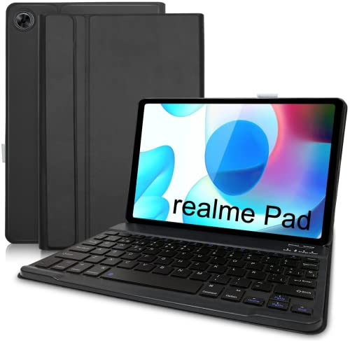 Funda con Teclado para Realme Pad 10.4  2021,YUEJIDZ Slim PU Protectora Carcasa Cover con Teclado Bluetooth Español Desmontable Compatible con realme Pad Tablet 10.4  RMP2102 2103, Negro