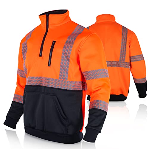 FONIRRA High Visibility Safety Sweatshirt ANSI Class 3 Fleece 1/4 Zip Pullover sweater with Black Bottom for Men(Orange,3XL)