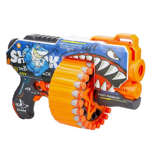COLORBABY 47750 V-Zon Dartpistol, 31 cm, 24 skumgummikulor, lätt och kraftfull, hajdesign, leksaksmaskingevär, kastare, leksaker för barn 8 år, vapen pojke