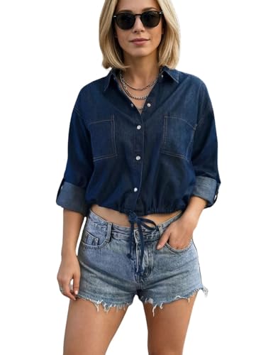 Kwoki Women's Cropped Denim Shirt Roll Up 3/4 Sleeve Casual Loose Crop Tops Drawstring Hem Button Front Jean Jacket