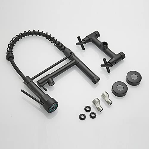 Kitchen Fauce With Pull Down Sprayer Dual Holes Wall Mount Spring Kitchen Sink Faucet 360° Rotation Brass Double Cross Knobs Hot Cold Water Kitchen Mixer Tap,Black #TOP5