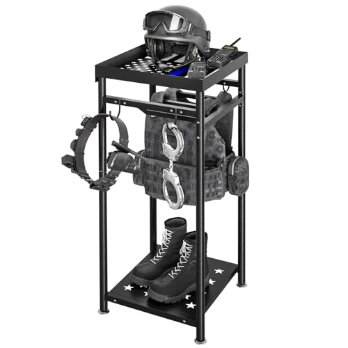 NUWJBYE Heavy Duty Police Gear Rack, Metal Shelf with Hooks for Body Armor, Duty Belts, Helmets, Vests, Black Tactical Gear Stand Fits Law Enforcement, Security, Academy Graduation Gift