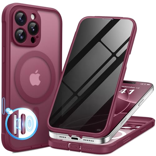 BERFY for iPhone 16 Pro Max Case Compatible with MagSafe Built-in Privacy Screen Protector Camera Protection Shockproof Full Body Phone Case 6.9 Translucent Dark Red