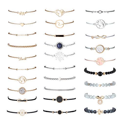Sailimue 29 Piece Cute Bracelets Set For Women Layered Adjustable Beaded Pendent Stack Links Bracelet Assorted Stackable Wrap Bangle Multiple Friendship Bracelet Jewelry Gift #TOP6