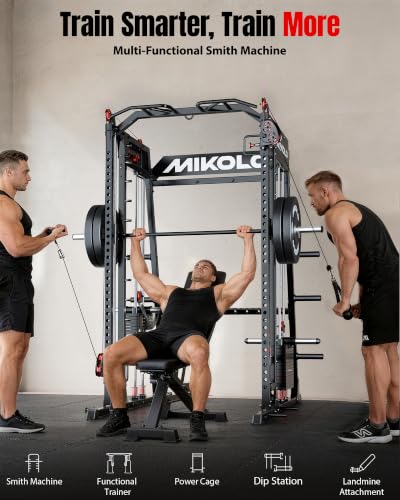 Image of Mikolo M4 2.0 Smith Machine, 2200lbs Squat Rack with LAT-Pull Down System & Cable Crossover Machine, Training Equipment with Leg Hold-Down Attachment