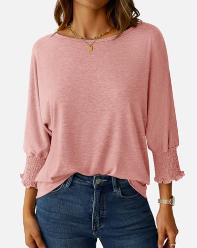 NORACORA Women's 3/4 Sleeve Tops Loose Fit Shirts Dressy Casual Crew Neck T Shirts for Women Basic Tees Shirt with Smocked Cuffs 2025 Fall Fashion Blouse Pink XXL — view 2
