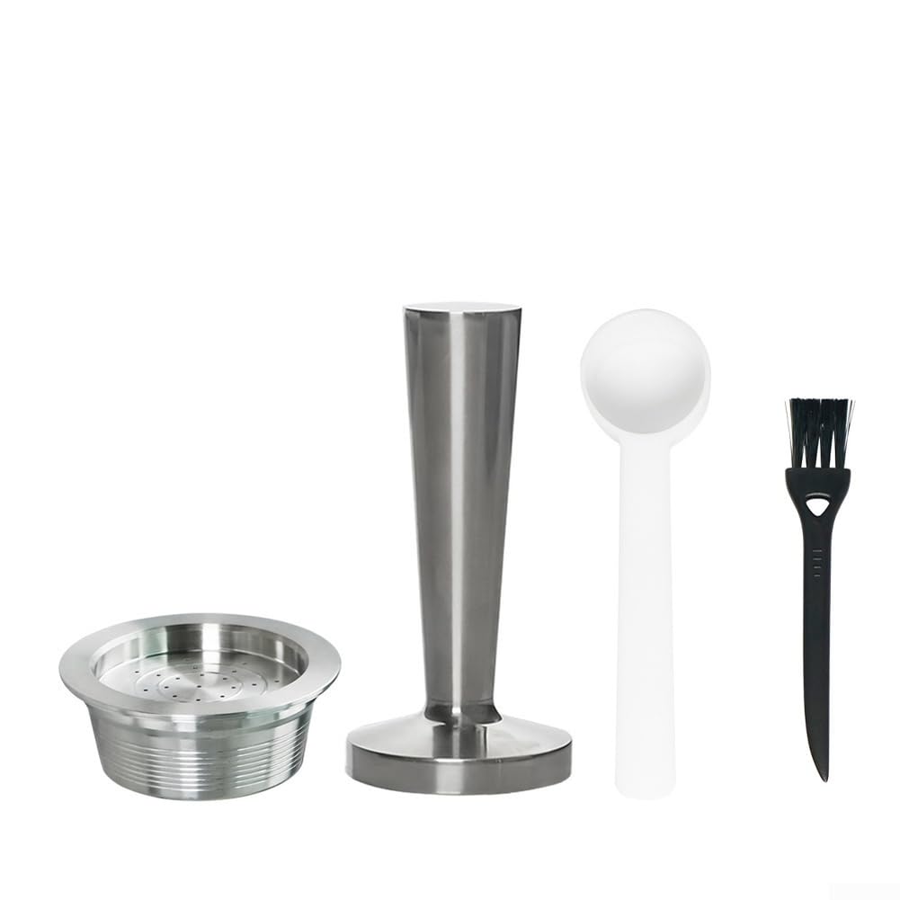 Cápsulas de café reutilizables de acero inoxidable para A Modo Mio Jolie, cápsula recargable con cepillo de cuchara de filtro, recipiente de tierra de metal plateado (juego)