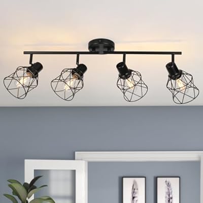 WILON Track Lighting Fixtures Ceiling 4-Light Flush Mount Ceiling Spot Lights, Industrial Track Light Black Kitchen Light Fixtures Rotatable Spotlight for Kitchen Hallway Living Room (E26 Base)