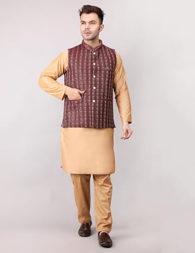 Image of Men's Cotton Silk Blend Regular Kurta Pyjama, Embroidered Nehru Jacket /Waistcoat Set