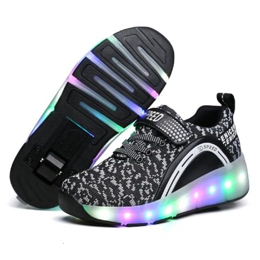 SDSPEED Kids Roller Skate Shoes with Single Wheel Shoes Sport Sneaker LED Color: Led Dapple Black Size 39