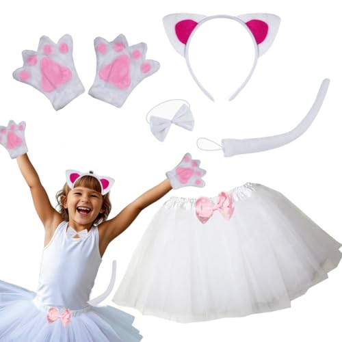 Kirei Sui Kids Animal Costume White Cat Tutu and Ear Headband Girls Halloween Dress Up Set White