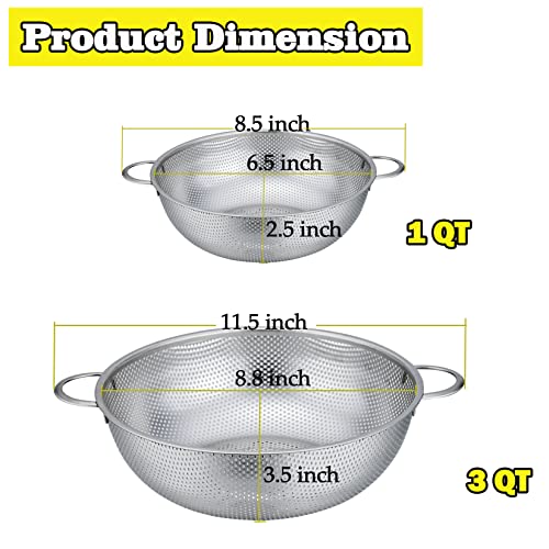 2-Piece Colanders (1 + 3 Qt), P&P Chef Stainless Steel Food Strainer With Handle, Micro-Perforated For Washing Rinsing Draining, Great For Pasta Fruits Vegetables, Dishwasher Safe & Non Toxic, Silver #TOP2