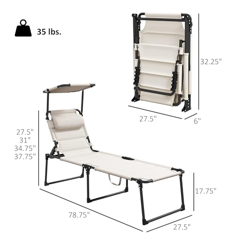Outsunny 2 Pieces Outdoor Lounge Chair, Adjustable Backrest Folding Chaise Lounge, Cushioned Tanning Chair with Sunshade Roof & Pillow Headrest for Beach, Camping, Hiking, Cream White - Thumbnail 3