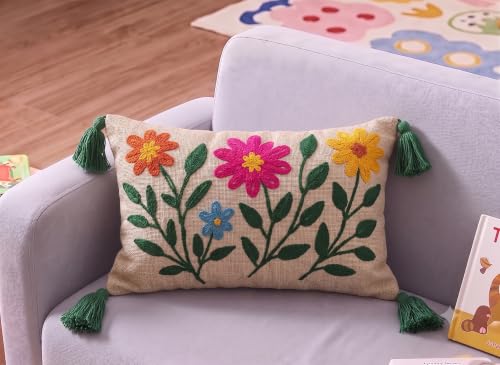 Image of Furnistitchs Boho Rectangle Cushion Cover 12x20 inches | Handmade Decorative Throw Pillow Case | Bohemian Home Decor Sofa Bed Cushion Cover Living Room Bedroom (2, Multi Daisy, 12x20 inches)