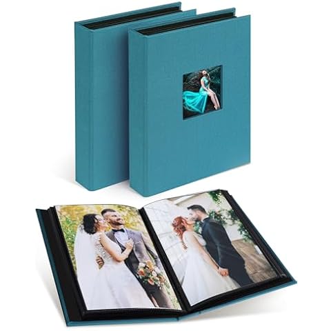 NESCL Small Photo Album 5x7 Mini Holds 56 Pictures, Acid Free Photo Book Portable Wallet 5 x 7 Pictures Albums with Slip-in Pockets for Cute Baby Family Kids (Peacock Blue, 2 Pack) Cover