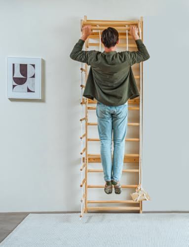 Image of Avenlur Betula Swedish Wall Ladder for Kids - Indoor Wooden Climbing Gym with Slide, Swing, Rope Ladder & Pull-Up Bar - Montessori Wall Gym for Strength, Coordination & Active Play (Ages 3+) (95 inch)