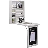 Lipo Desk Bookshelf with 4 Tier Shelves - Floating Compact Wall Mounted Table Wood Folding Convertible Storage Desk Cabinet Modern Computer Desk with Magnetic Board