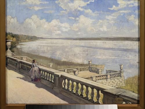 Toile Journée ensoleillée femme à la balustrade pour déco de bureau lumineuse