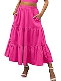 ANRABESS Women’s Summer Boho Flowy Swing Tiered A-Line Maxi Skirt 2025 Fashion Trendy Elastic Waist Pleated Long Beach Dress with Pockets Rose Small