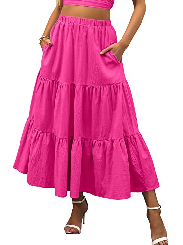 Image of ANRABESS Women's Summer Boho Flowy Swing Tiered A-Line Maxi Skirt 2026 Fashion Trendy Elastic Waist Pleated Long Beach Dress