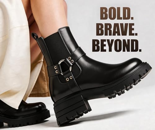 Image of LOUIS STITCH Women's High Ankle Boots| Round Buckle with Straps Slip-On Boots | Casual Slip-On Long Boots for Women | Casual & Formal Outings | LSLD-CLBT-RBTS