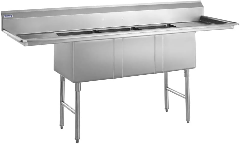 Kratos 29N-001-Commercial NSF 3 Compartment Sink - 16"Wx20"Lx14"H Bowl Size - (2) 18" Drain Boards