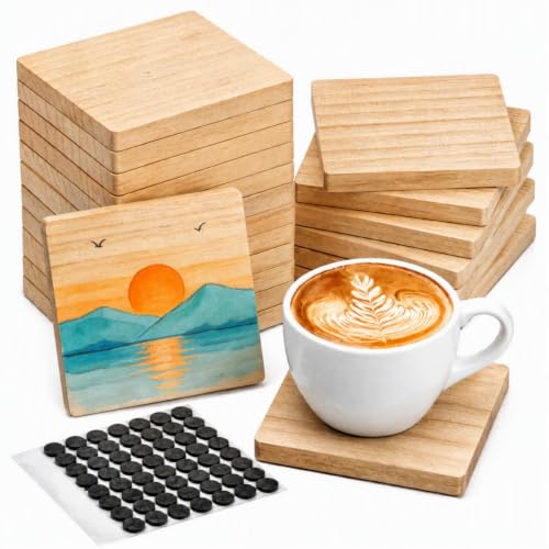 Dicunoy 20 Pack Unfinished Wood Coasters, 4" Blank Wooden Coasters for Craft, Square Coasters with Non-Slip Pads for DIY Supplies, Laser Engraving, Stained Painting, Drawing, Home Decor