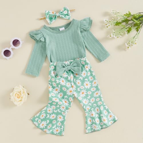 Newborn Baby Girl Fall Winter Outfits Ribbed Long Sleeve Romper Daisy Print Flared Pants Headband Set 0-18 Months2