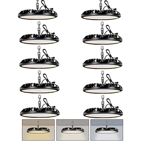 loyal UFO LED High Bay Light, 6000K/3000K/4000K Dimming LED Shop Light, Commercial High Bay Lighting with 1.2M Cable US Plug, LED Workshop Lights for Warehouse Gym Factory (100W, 10 Packs)