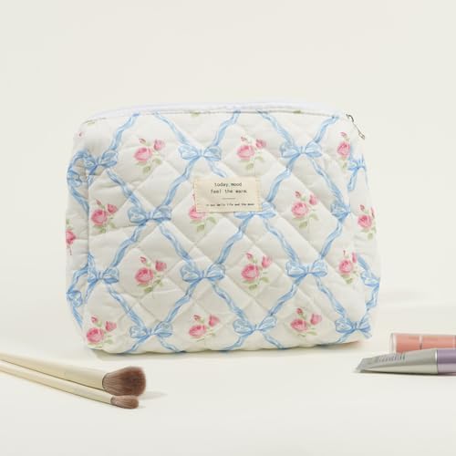 Kacctyen Make-up-Taschen-Set – 3-teilig, Gesteppt Mit Rüschen & Schleife, Rosa/weiß, Leicht & Reisefreundlich