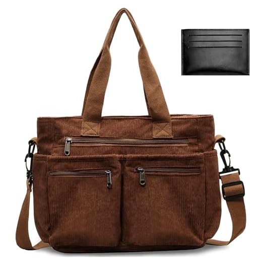 Hoseay Sac à Main en Velours Côtelé Femme - Sac Bandoulière Multipoches, Grande Capacité, Cabas Fourre-Tout - Tote Bag pour Travail, École, Voyage, Shopping - Marron
