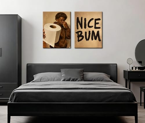 Image of Frimeeme Funny Bathroom Canvas Wall Art Set of 2, 12x16, Framed | African American Decor Print, Black Man Wall Art, Ready to Hang