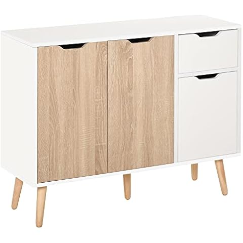 HOMCOM Aparador Auxiliar con 2 Armarios y Cajón de Madera Blanco y Natural Cover