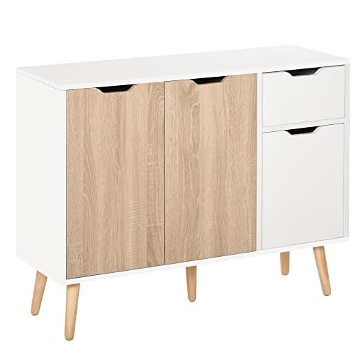HOMCOM Aparador Auxiliar Mueble de Almacenaje de Salón con 2 Armarios con Puertas y Cajón de Madera para Sala de Estar Cocina Dormitorio 90x30x72 cm Blanco y Natural