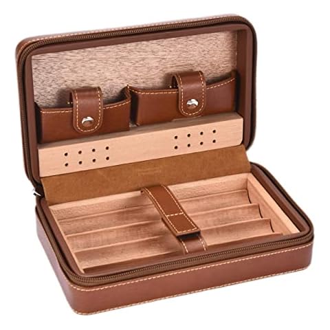 Pardo Leather Cigar Case,Travel Humidors For Cigars,Brown Portable Humidor 205*130*83mm Size,Cedar Wood Leather Cigar Case Holder Kit For Traveling, Carrying & Humidity Keeping Cases,Gift For Men Cover