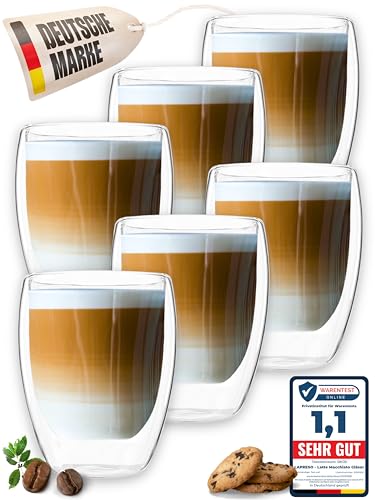 LAPRESO® Latte Macchiato Gläser doppelwandig 6er Set 350ml - Doppelwandige Gläser modernes Design Cappuccino Tassen Teegläser aus Borosilikatglas