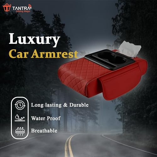 Image of TANTRA Premium Car Armrest Cushion Organizers, 5-in-1 Center Console Cover with 2 Storage Bags Cup Holder, Tissue Box Slot, Phone Slot for Sedans, Car Accessories Interior Organizers (Red)