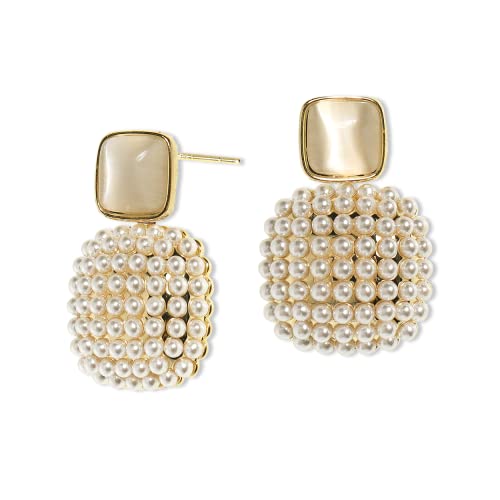 Sonateomber White Pearl Beaded Square Drop Dangle Earrings For Women Girls - Elegant Retro Cat Eye Crystal Geometric Vintage Gold Spring Costume Jewelry Gift #TOP7