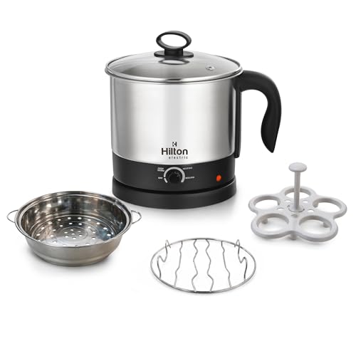 Image of Hilton 600W Multipurpose Electric Kettle with Steamer, Stainless Steel Body, Cool Touch Handle, Auto Shut-Off for Boiling Eggs, Water, Milk, Noodles & Soup, 1.5Ltr, Black & Silver