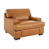 Naomi Home Siggy Genuine Leather Accent Chair - Luxurious Comfort, Goose Feather Cushion Filling, Square Arm Design, Sturdy Block Legs, Elegant Tan - Ideal for Living Room, Office, or Bedroom
