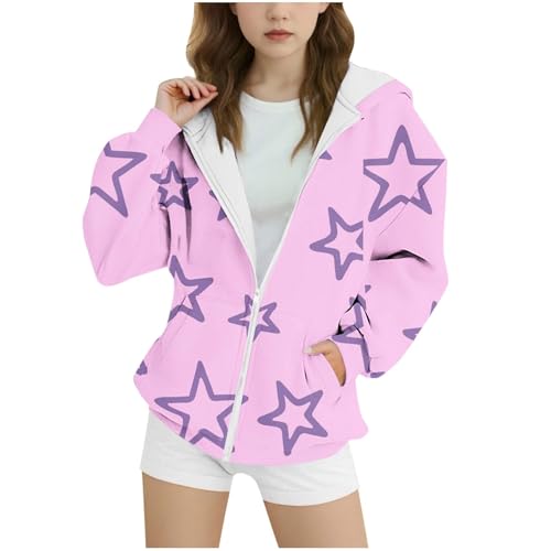 Girls Stars Print Cute Oversized Hoodies Full Zip Sweatshirts Long Sleeve Casual Fleece Warm Outwear Jackets for 4-15 Years