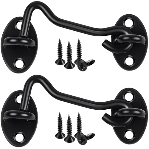 2 Pack Hook and Eye Latch, 3 Inch Black Cabin Hooks Stainless Steel Eye Gate Latch Easy Lock, Sliding Door Hooks Barn Door Catch Hardware with Screws for Outdoor Garden Shed Patio Window Wooden Gates