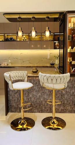 Image of Creative Blue Velvet Bar Chair | Modern Adjustable Bar Stool for Home, Kitchen & Bar Use | Electroplated Metal Base | 1.87 Feet Seat Height | Tufted Design | Qty 2